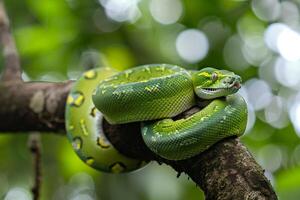 Green Tree Python Coiled Around a Tree Branch  Nature Background photo