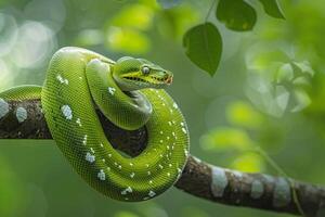 Green Tree Python Coiled Around a Tree Branch  Nature Background photo
