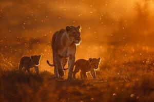 Lioness and Her Cubs Playing in the Savanna  Nature Background photo