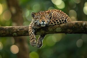 Jaguar Resting on Tree Branch in Amazon Rainforest  Nature Background photo
