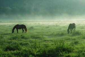Grazing Horses in a Green Field  Nature Background photo