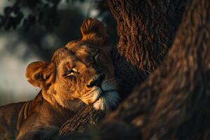 Lioness Resting Under a Tree in the Savannah Background Nature photo