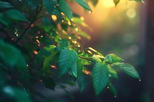 Tilt Shift Effect on Green Leaves Illuminated by Sunlight Background Nature photo