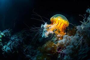 Deep Sea Jellyfish Glowing in the Dark Depths Nature Background photo