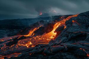 Active Volcano with Lava Flowing Down Its Slopes Nature Background photo