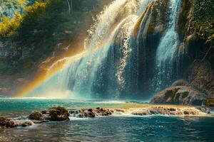 Rainbow Forming in the Mist of a Waterfall Nature Background photo