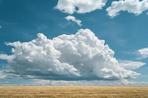 Fluffy White Clouds Floating Over Wheat Field Nature Background photo
