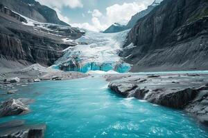 Glacier flowing into turquoise lake. stunning nature scene with background nature photo