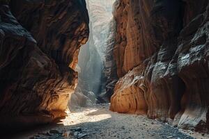 Narrow Desert Slot Canyon with Sunlight Filtering Through Tall Walls Background Nature photo