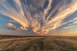 Wispy Cirrus Clouds at Sunset Over the Horizon Nature Background photo