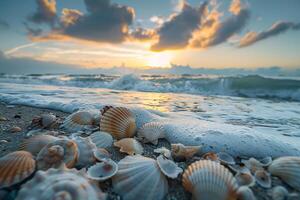 Calm Beach with Gentle Waves and Seashells Scattered on the Sand  Nature Background photo