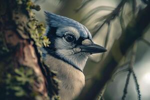 Curious Blue Jay Observing from a Tree Branch in a Suburban Backyard. Nature Background photo