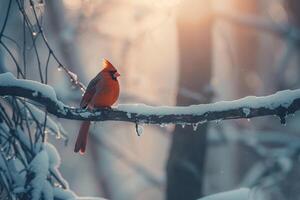 Serene Cardinal Resting on a Snowy Branch in a Winter Forest. Nature Background photo