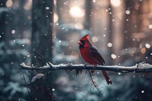 Serene Cardinal Resting on a Snowy Branch in a Winter Forest. Nature Background photo