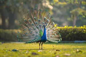 Proud peacock displaying  feathers in a garden. background nature photo