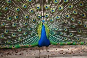 Regal peacock displaying its  plumage in a botanical garden. background nature photo