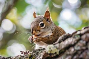 A Squirrel Nibbling on a Nut on a Tree Branch photo