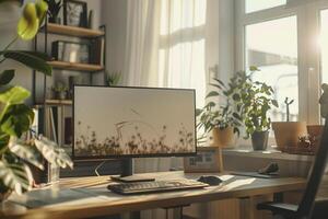 Cozy Desktop Computer Mockup with Beige Top and  Screen   Background Nature photo