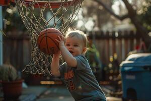 Baby Playing with Basketball Hoop   Fun and Playful Moment photo
