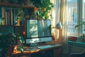 Desktop Computer Mockup Screen and Calming Pastel Green Top   Relaxed Home Office photo