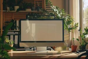 Cozy Desktop Computer Mockup with Beige Top and  Screen   Background Nature photo