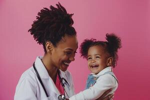 Pediatric Doctor with Smiling Child on Pink Background photo