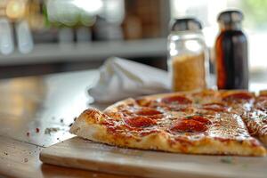 Pepperoni Pizza Slices on a Casual Dining Table Delicious and Casual photo
