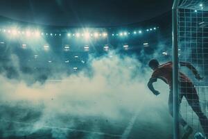 Soccer Player Scoring Winning Goal in Empty Stadium photo