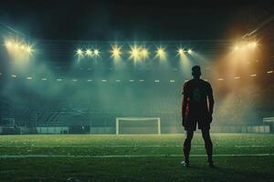 Soccer Player Scoring Winning Goal in Empty Stadium with Action photo