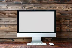 technology mahogany computer monitor mockup with blank screen photo