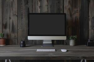 Computer monitor mockup with blank screen on deep walnut wood background photo
