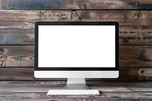 Computer monitor mockup with blank screen on deep walnut wood background photo