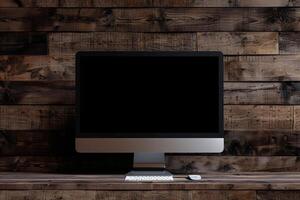 Computer monitor mockup with blank screen on deep walnut wood background photo