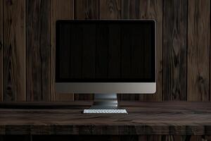 Computer monitor mockup with blank screen on  walnut wood background photo