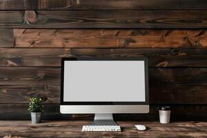 Computer monitor mockup with blank screen on a  walnut wood background photo