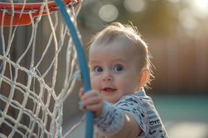 Baby Engaged in Play with a Basketball Hoop in a Joyful Activity photo