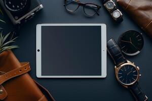 Tablet Screen Mockup Displaying a Classic Watch in a Professional Environment photo