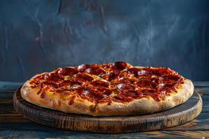 Pepperoni Pizza on Rustic Wooden Table with Deep Red Background photo