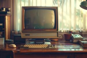 Vintage style desktop computer mockup with retro design elements and classic aesthetics photo