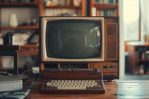 Vintage style desktop computer mockup with retro design and classic features photo