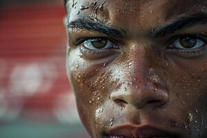 Soccer Players Expression with Beads of Sweat and Empty Stands Background photo
