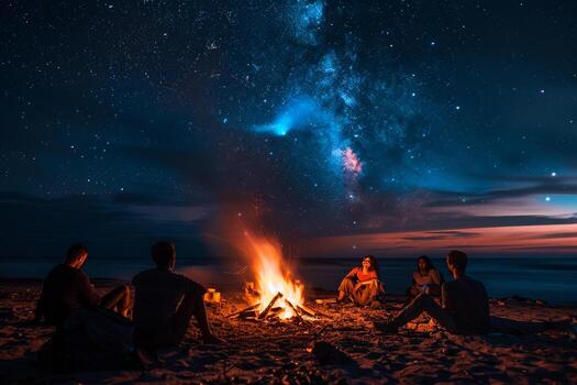 playa hoguera con amigos debajo un estrellado noche cielo antecedentes foto