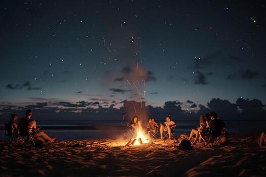 divertido playa hoguera con amigos y estrellado noche cielo antecedentes foto