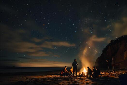 relajante playa hoguera con amigos debajo estrellado noche cielo antecedentes foto