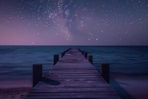 Beach Pier Extending into Calm Waters Under a Starry Night Sky Background photo