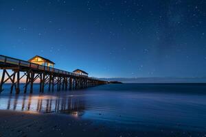 Historic Beach Pier Extending into Calm Waters Under a Starry Sky Background photo