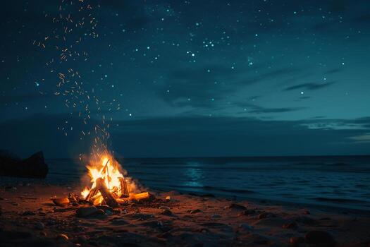 acogedor playa hoguera con amigos debajo un estrellado noche cielo antecedentes foto