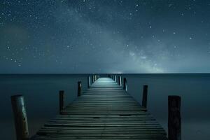 Wooden Beach Pier Extending into Calm Waters at Night Background photo