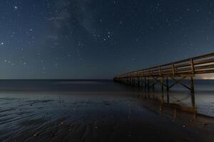 Tranquil  Beach Pier Extending into Calm Waters Under Starry Sky Background photo