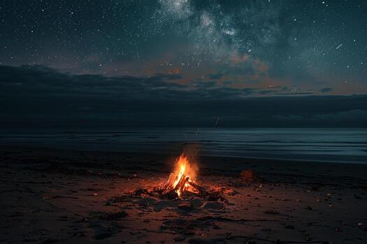 acogedor playa hoguera debajo estrellado cielo con relajante atmósfera antecedentes foto